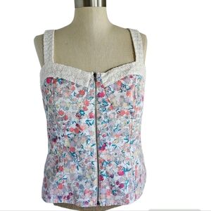 I HEART RONSON Floral Cotton Pique Zip Lace Trim Corset Tank | SZ 16
